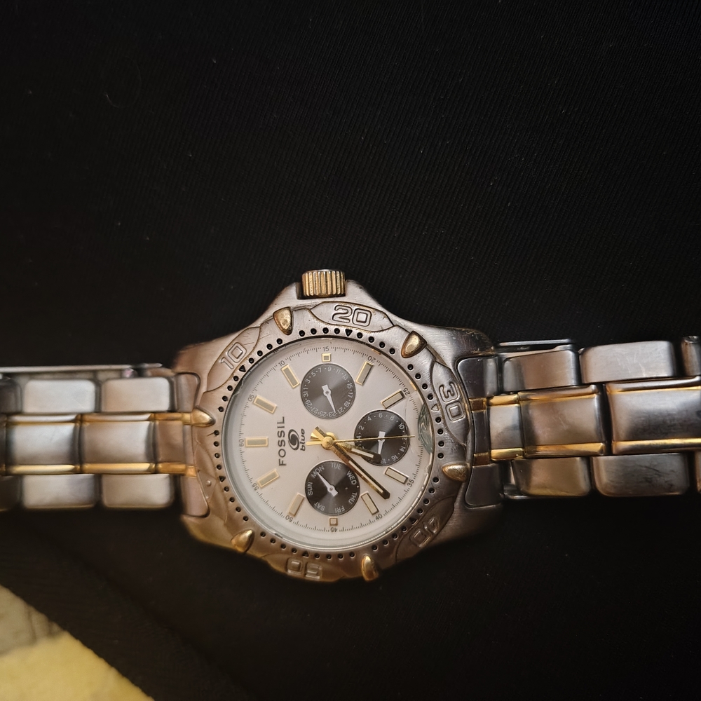 Fossil Silver and Gold Chronograph Watch with Textured Bezel